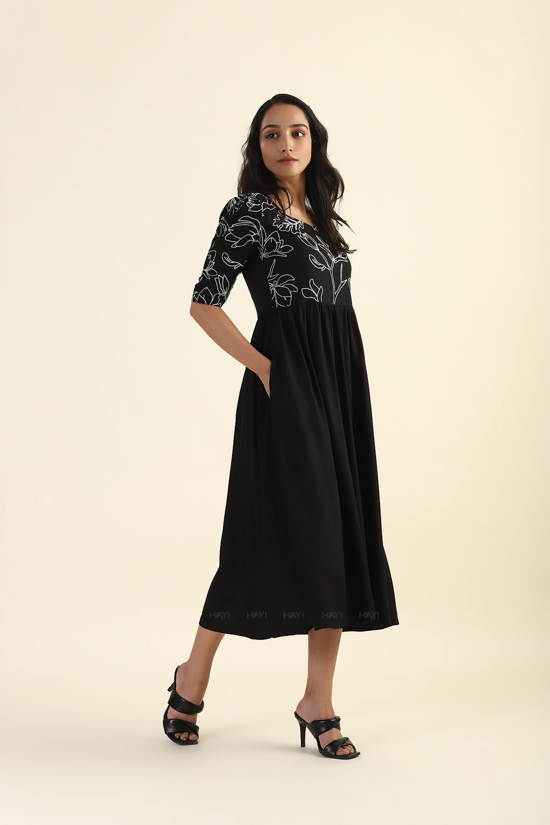 Midnight Black Shadowed Garden with Embroidery Viscose Dress