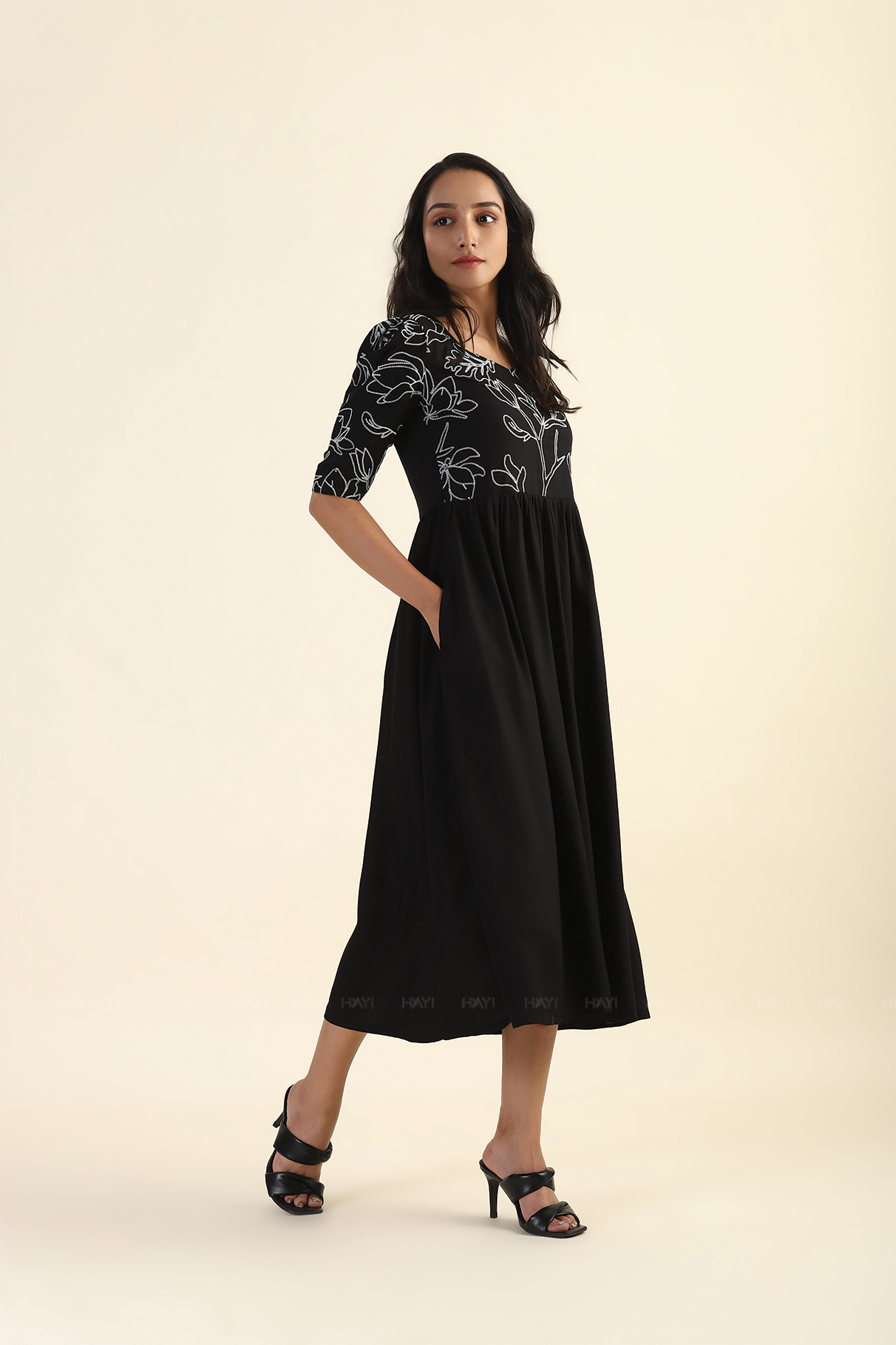 Midnight Black Shadowed Garden with Embroidery Viscose Dress