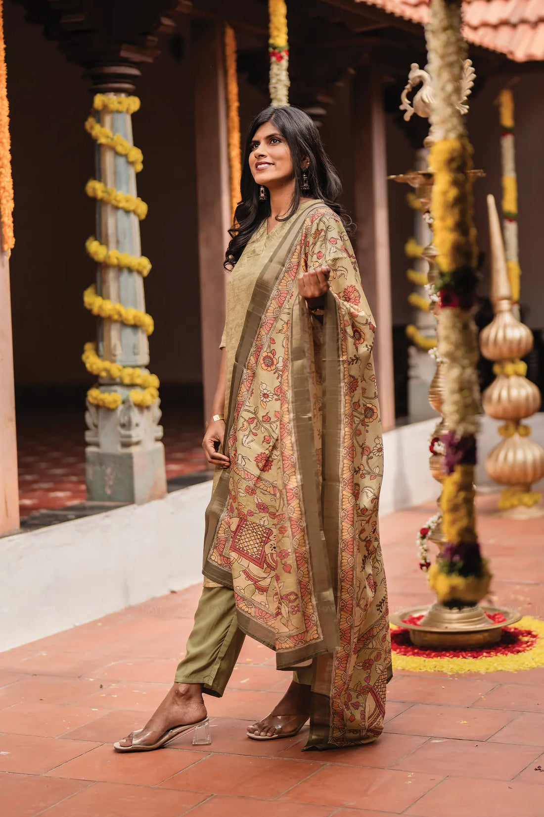 Tanira Green 3-Piece Tussar Silk Blend Floral Printed Kurta with Pant & Dupatta