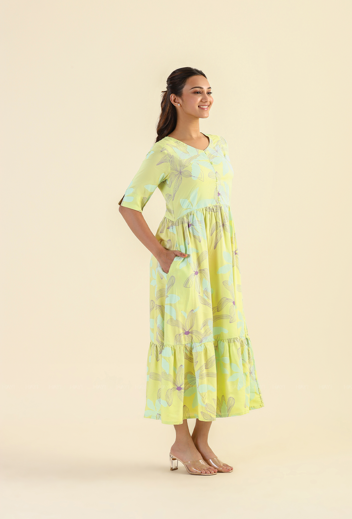 Lime Botanic Strokes Viscose Printed Dress