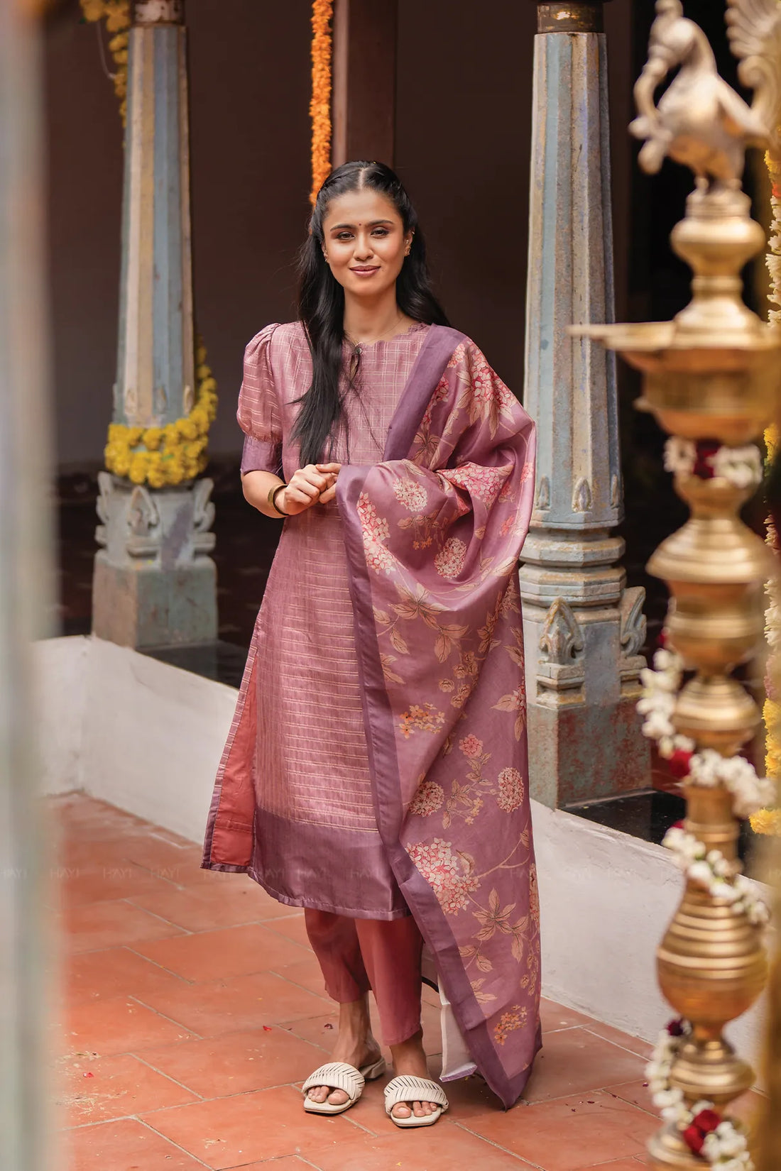 Dusky Pink Satin Daman 3 Piece Silk Check Blend Floral Printed Kurta with Pant & Dupatta
