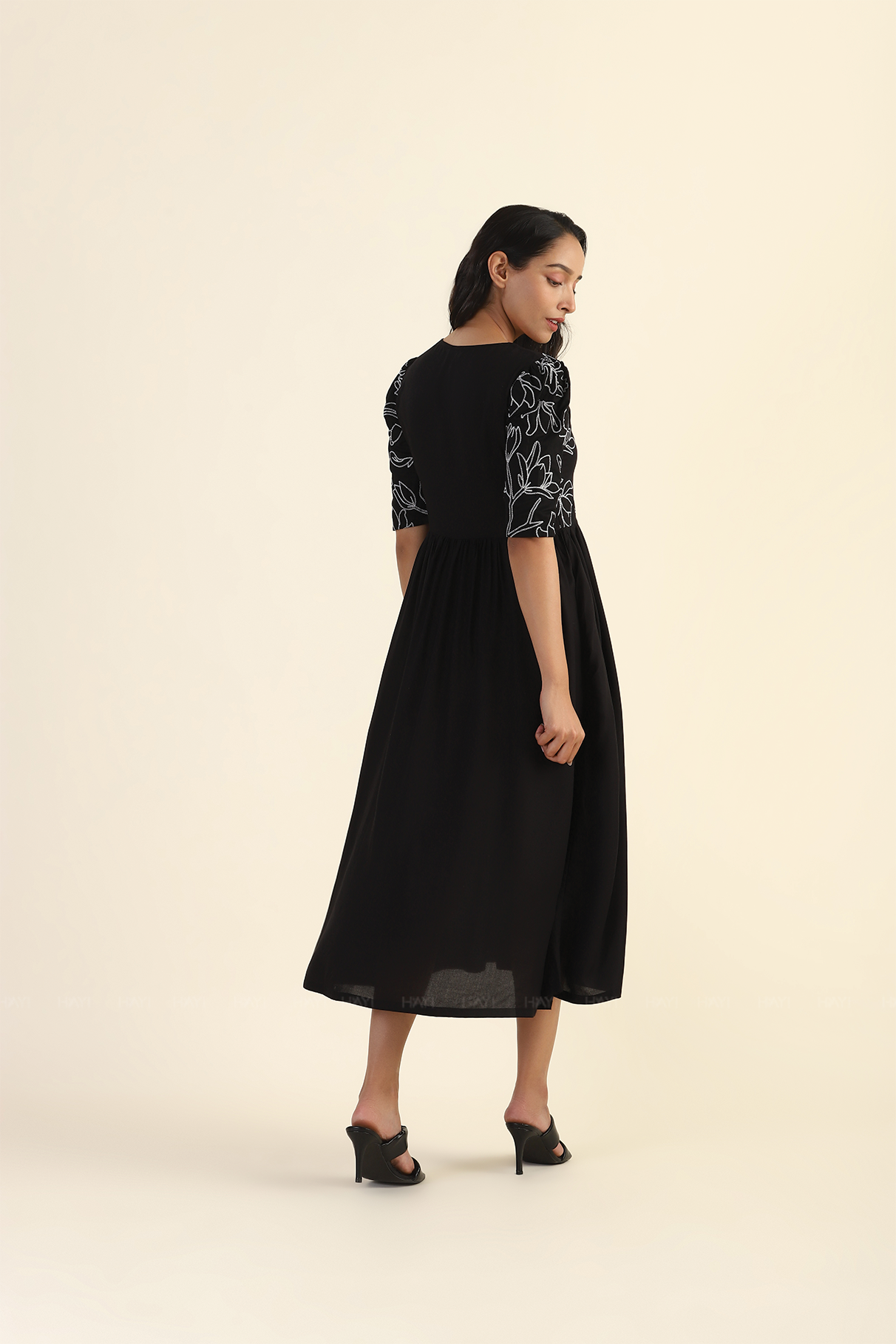 Midnight Black Shadowed Garden with Embroidery Viscose Dress
