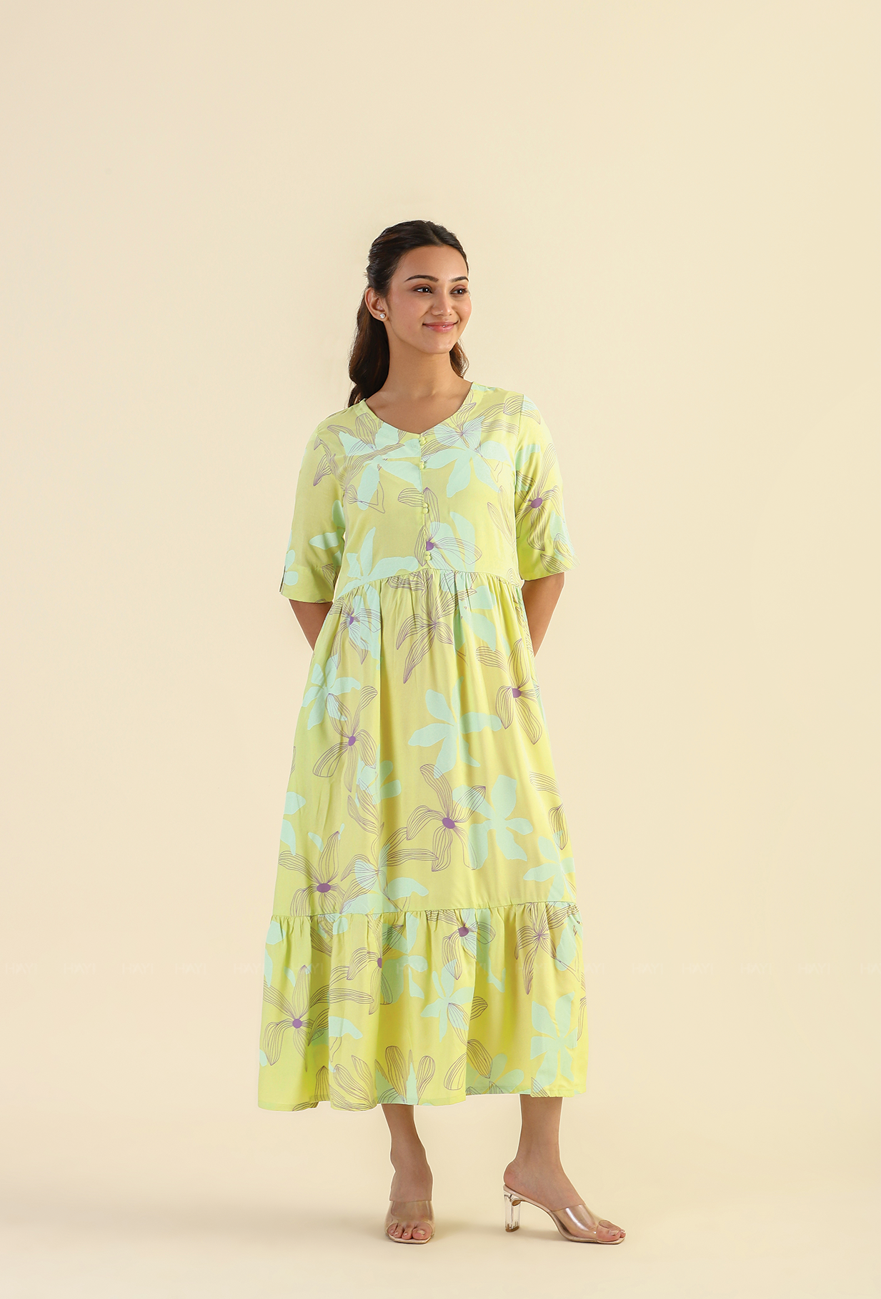 Lime Botanic Strokes Viscose Printed Dress
