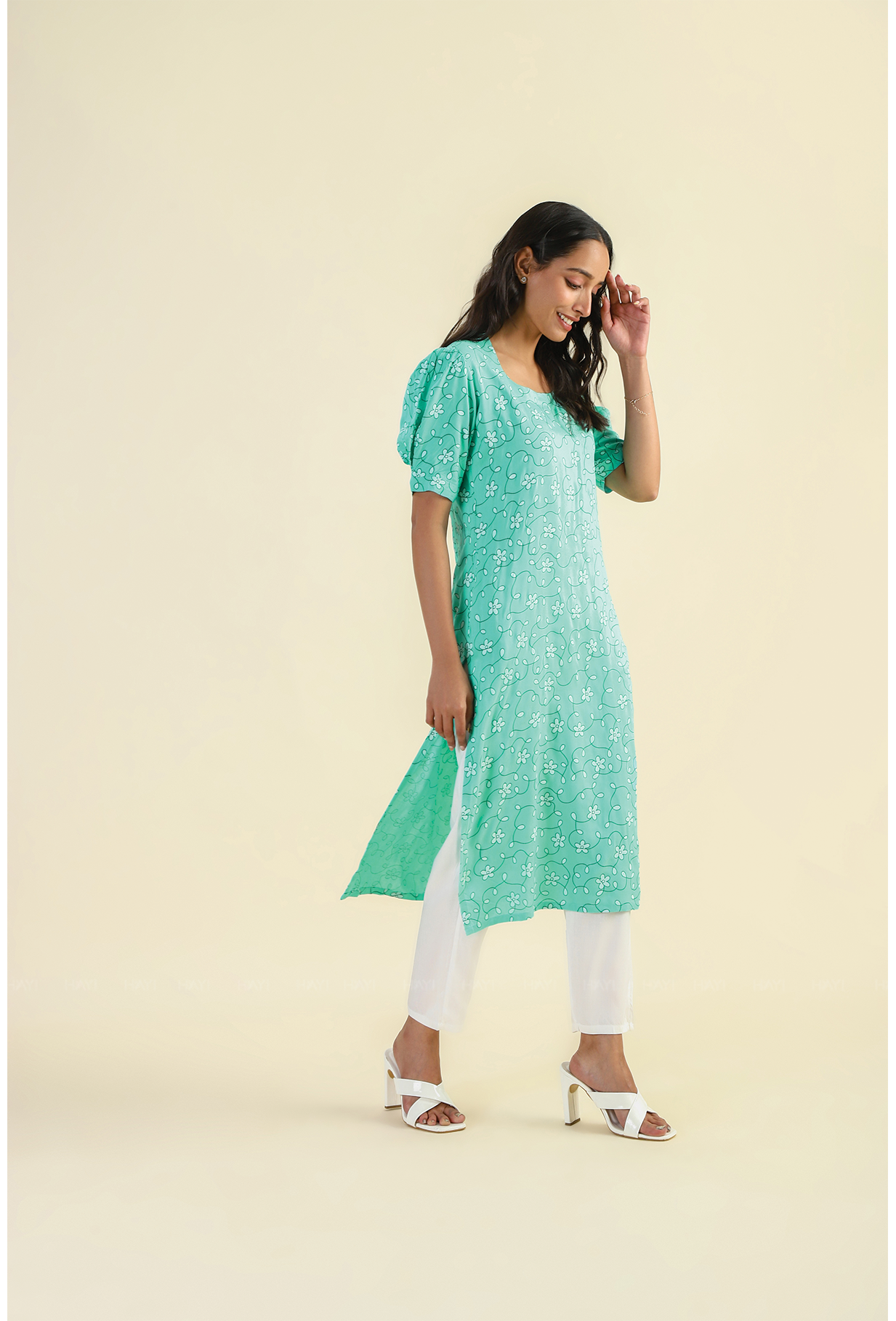 Mint Opal Petals Viscose Printed Kurta