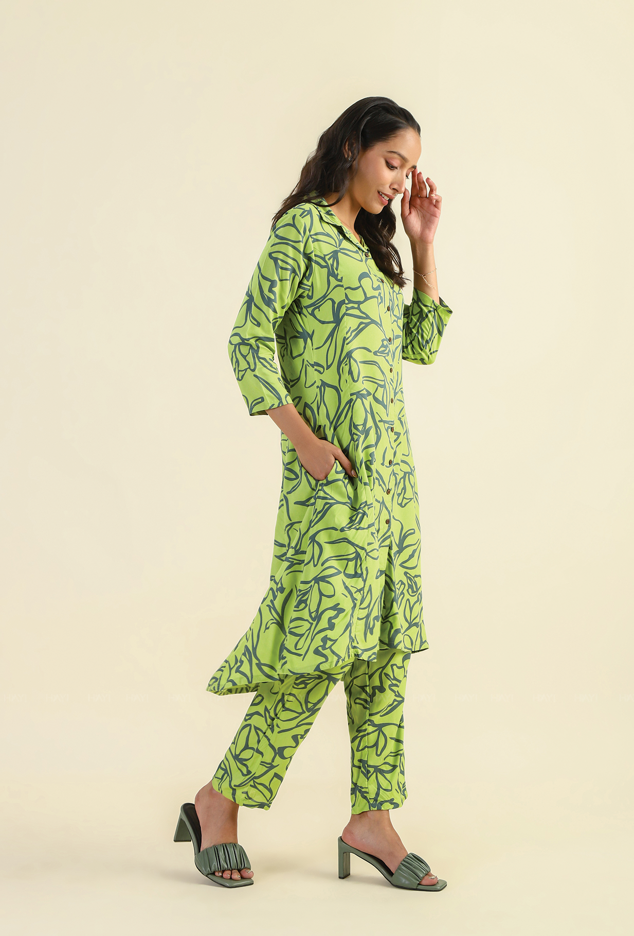 Green Ethereal Petals Viscose Printed Co-ords