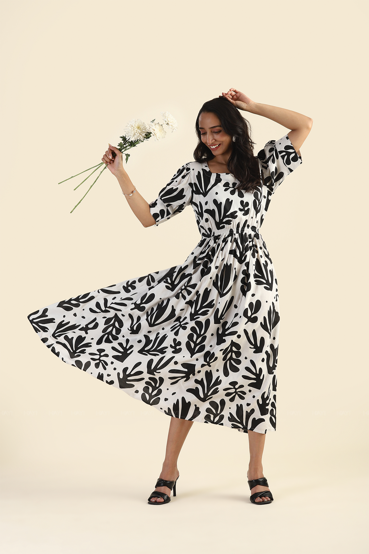 Rustle White Wild Leaves Printed Viscose Dress