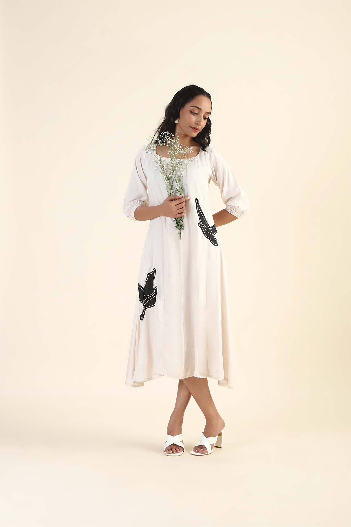 Serenade White with Black Dove Printed Viscose Dress