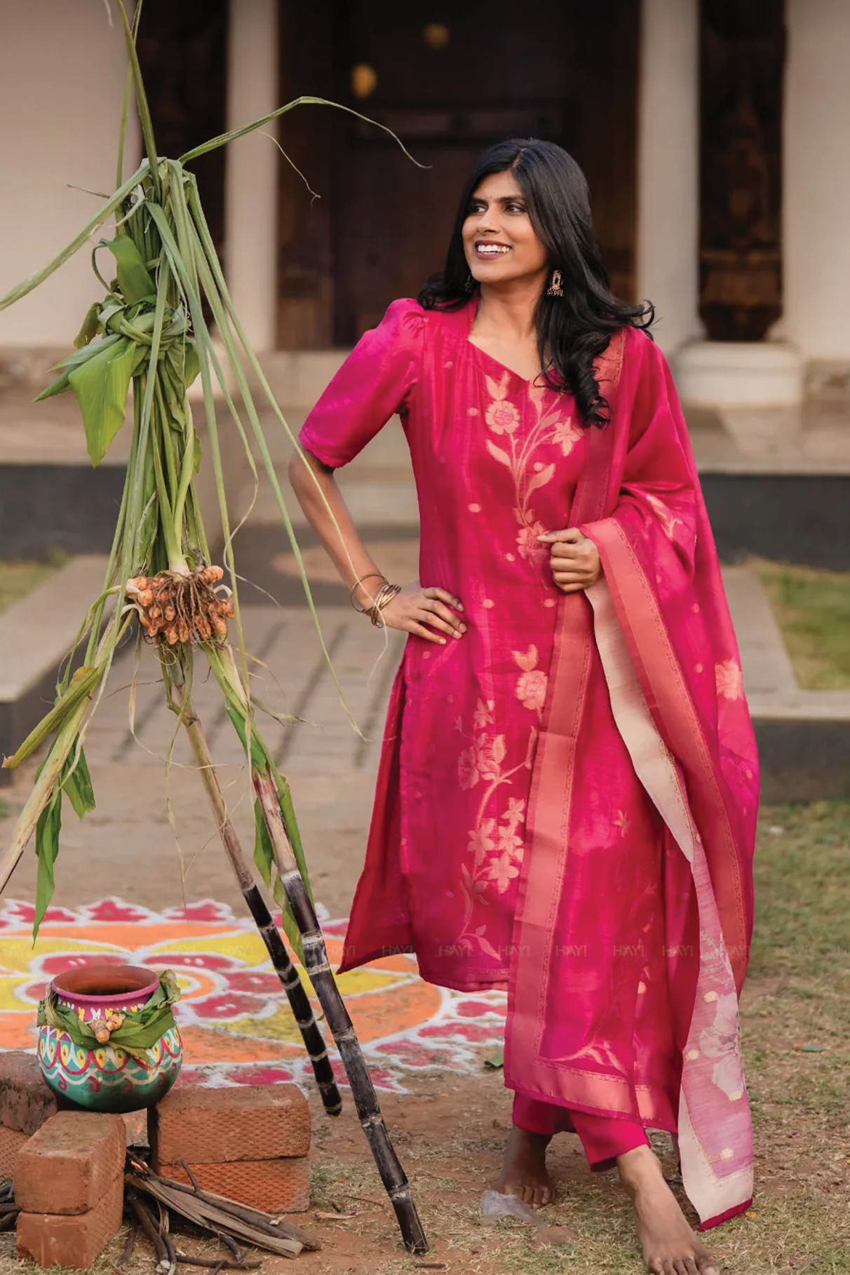 Rosewood Reddish Pink 3 Piece Jacquard Silk Blend Floral Placement Printed Kurta with Pant & Dupatta