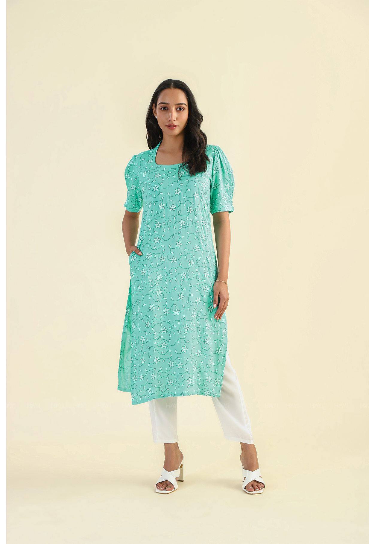 Mint Opal Petals Viscose Printed Kurta