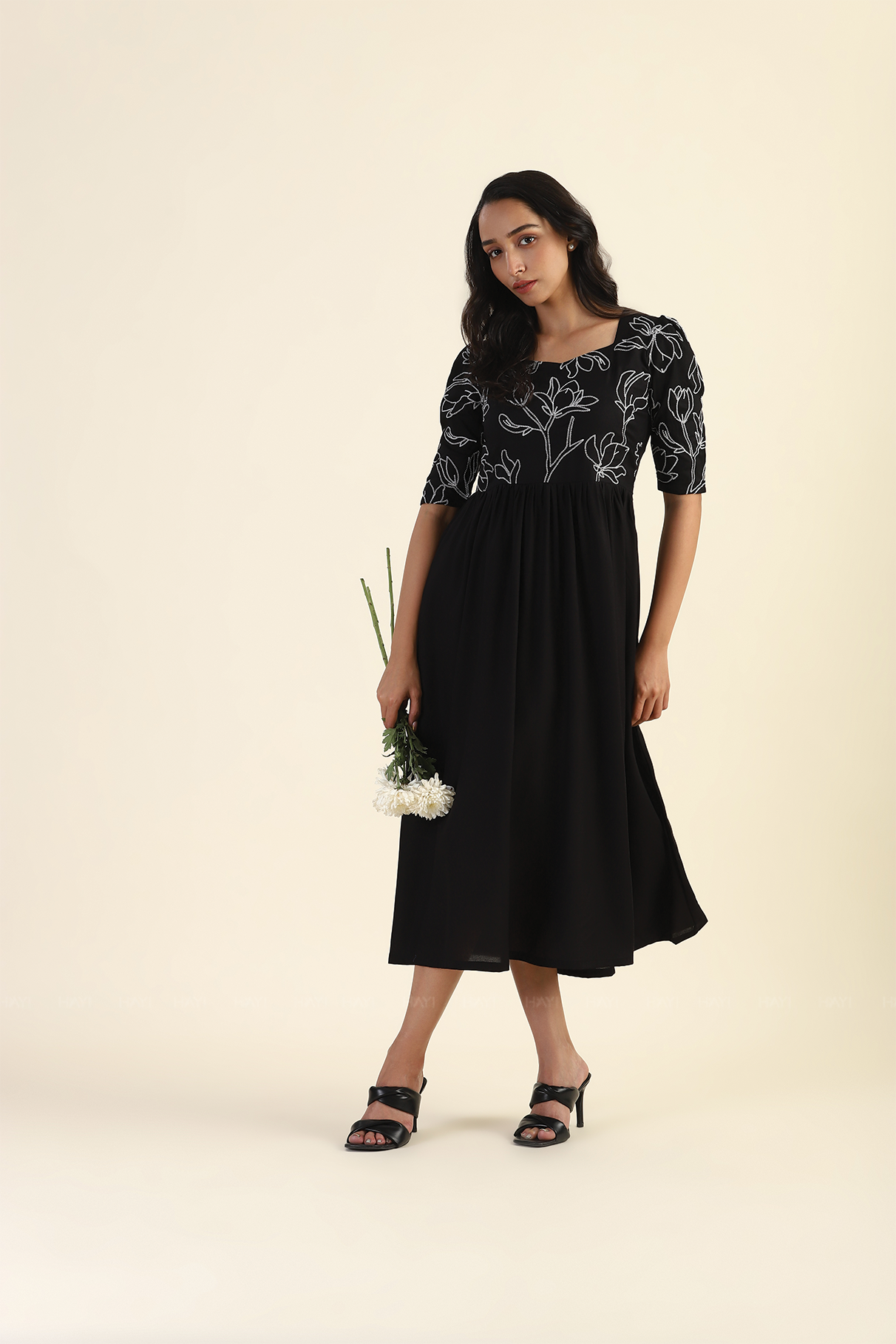 Midnight Black Shadowed Garden with Embroidery Viscose Dress