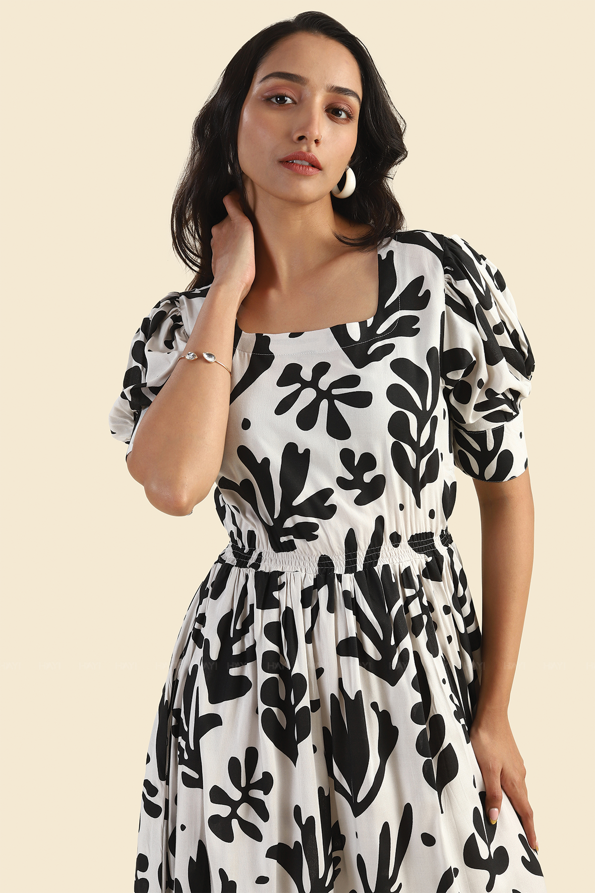 Rustle White Wild Leaves Printed Viscose Dress