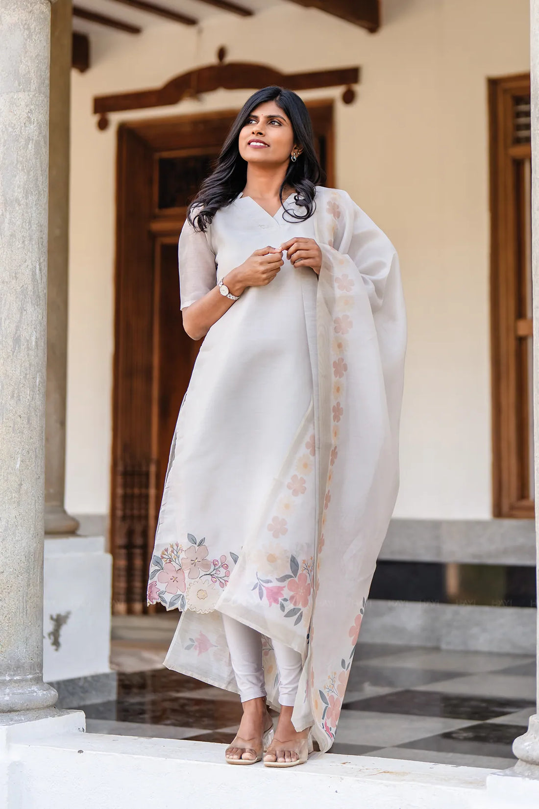 Silver Blossom 3 Piece Silk Blend Hand Embroidery Kurta with leggings & Dupatta