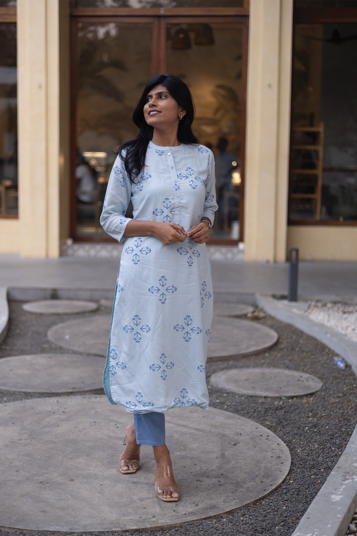 Willow Mist Blue Viscose Co-ord with Chinese Collar & 3/4th sleeves