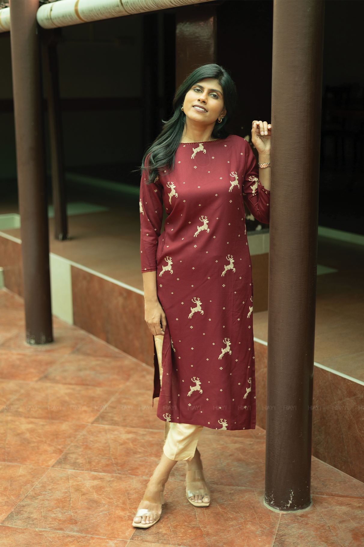 Tulip Cascade Wine Viscose Kurti with Boat Neck & 3/th Sleeves