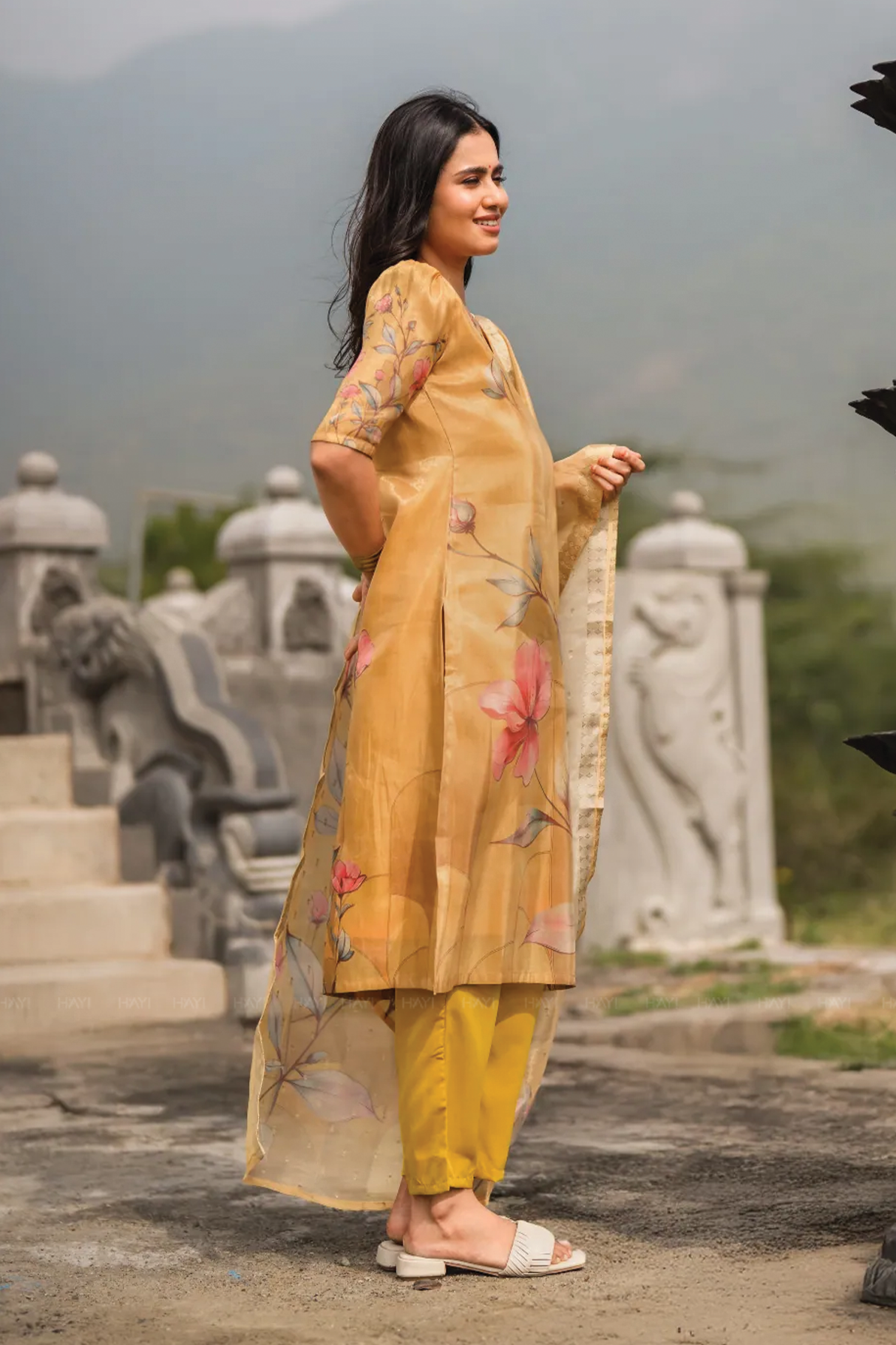 Floral Silkshine Yellow 3 Piece Shimmer Tissue Blend Floral Placement Printed Kurta with Pant & Dupatta