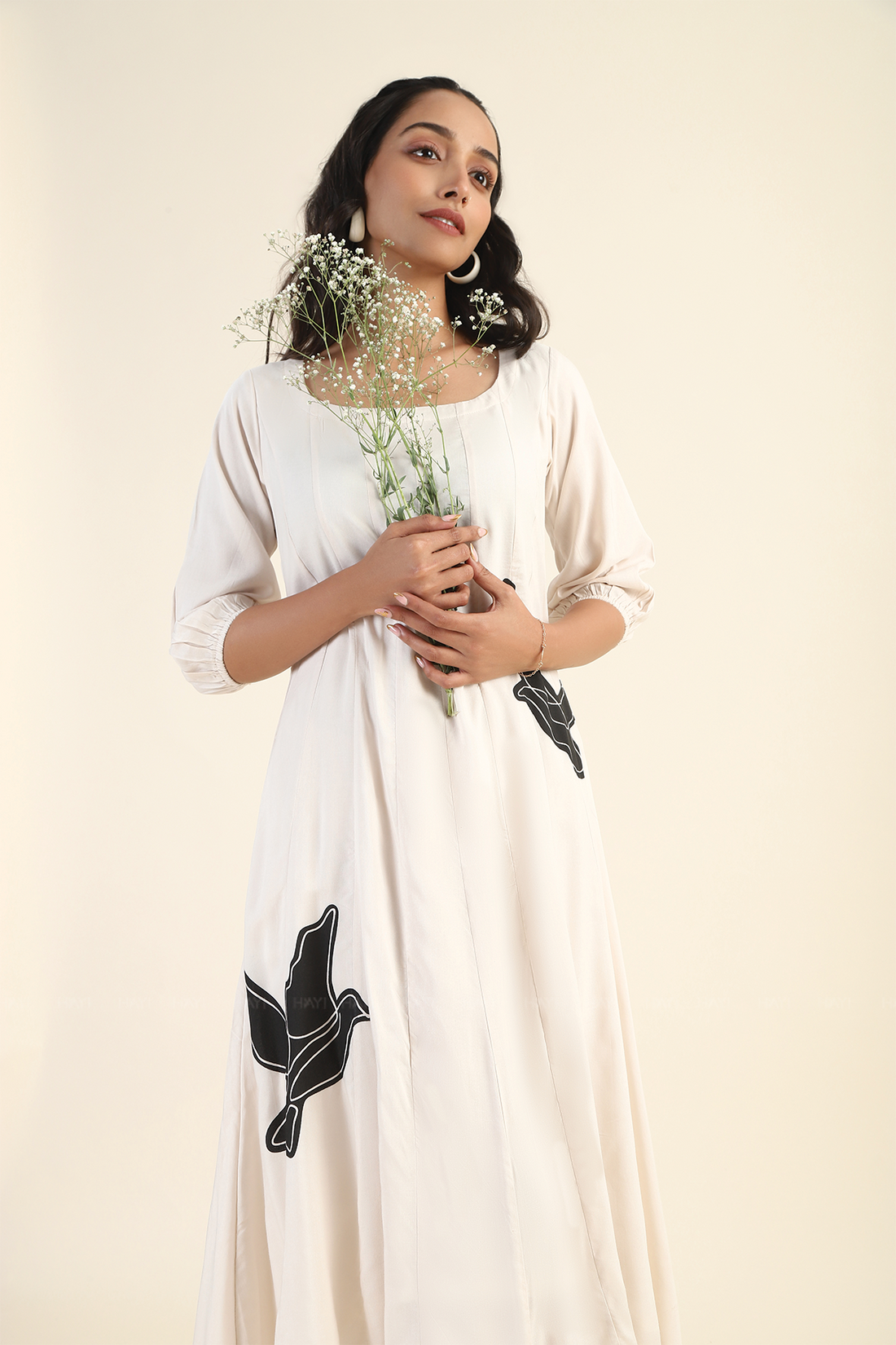 Serenade White with Black Dove Printed Viscose Dress