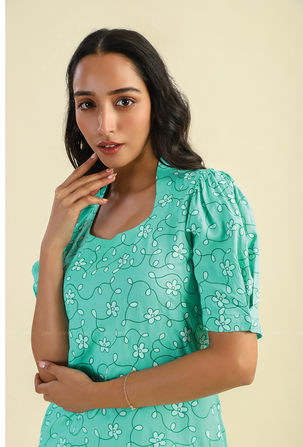 Mint Opal Petals Viscose Printed Kurta