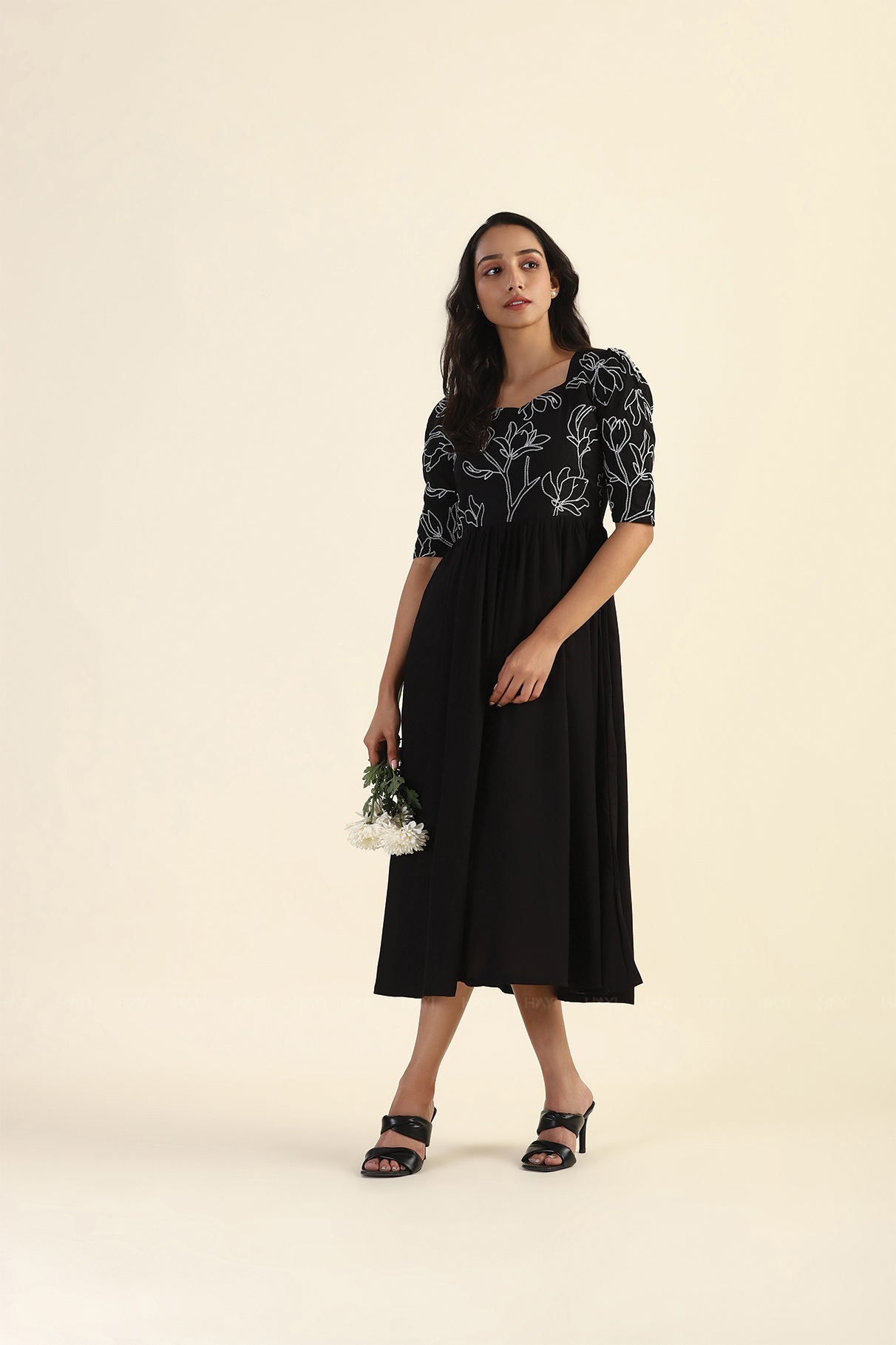 Midnight Black Shadowed Garden with Embroidery Viscose Dress