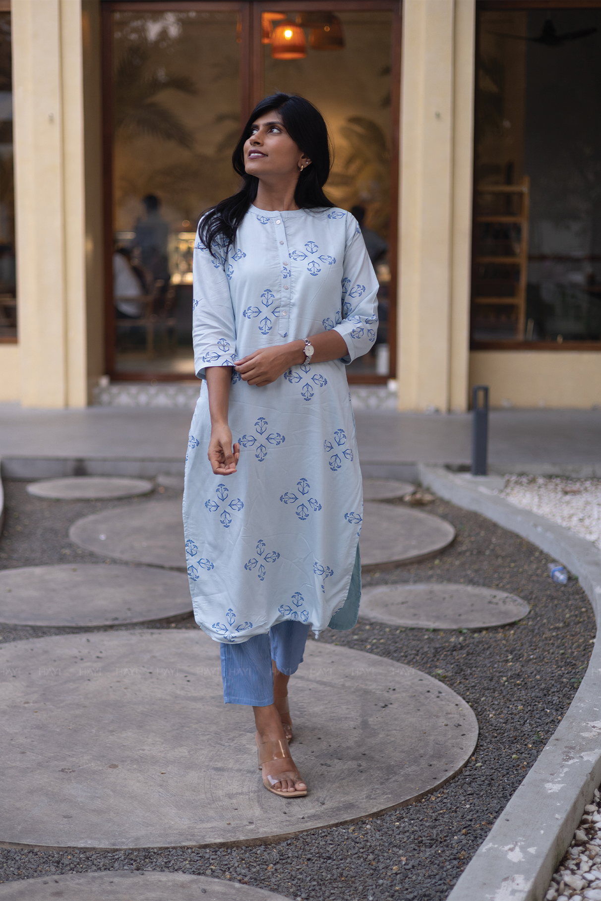 Willow Mist Blue Viscose Co-ord with Chinese Collar & 3/4th sleeves