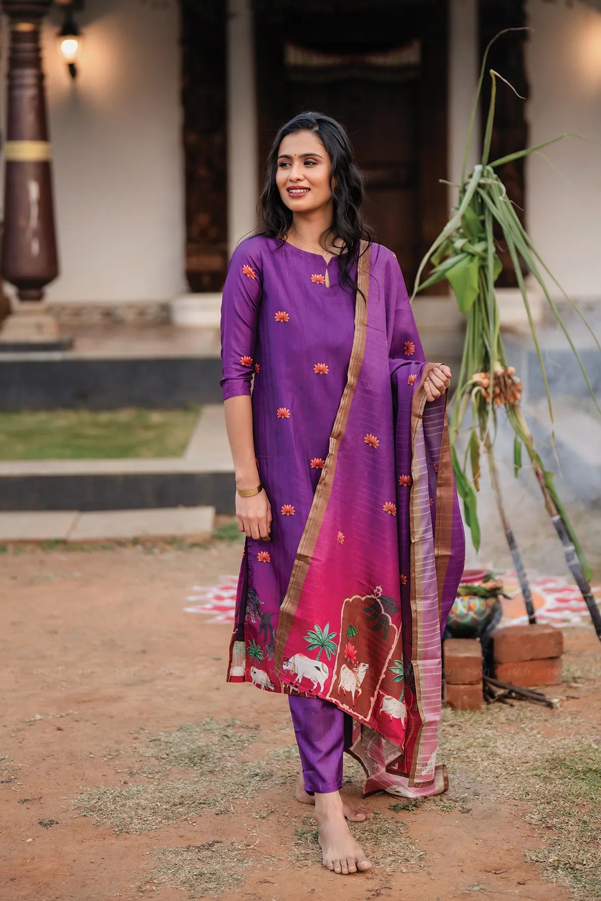 Ivanya Violet 3 Piece Tussar Silk Blend Printed Kurta with Pant & Dupatta