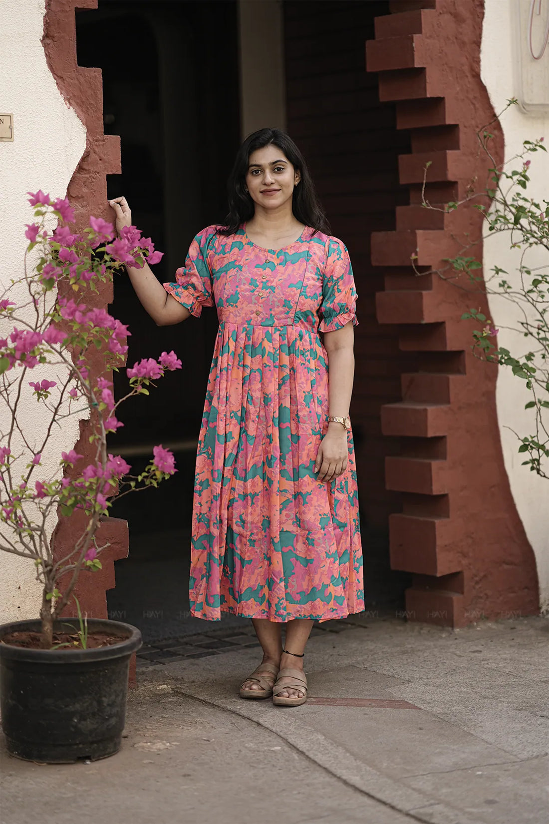 Autumn Tale Green Printed Maternity and Feeding Maxi dress