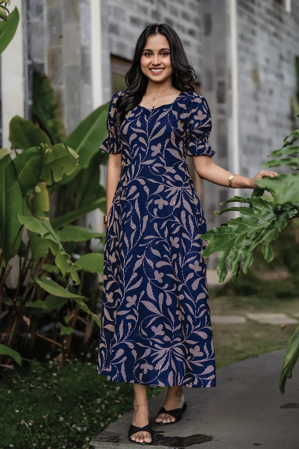 Navy Flowstroke Viscose Printed Aura dress