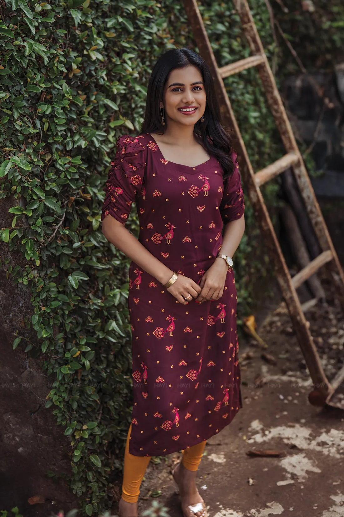 Crossloom Fable Brown Viscose Kurta with Sweetheart Neck & Ruched Sleeves