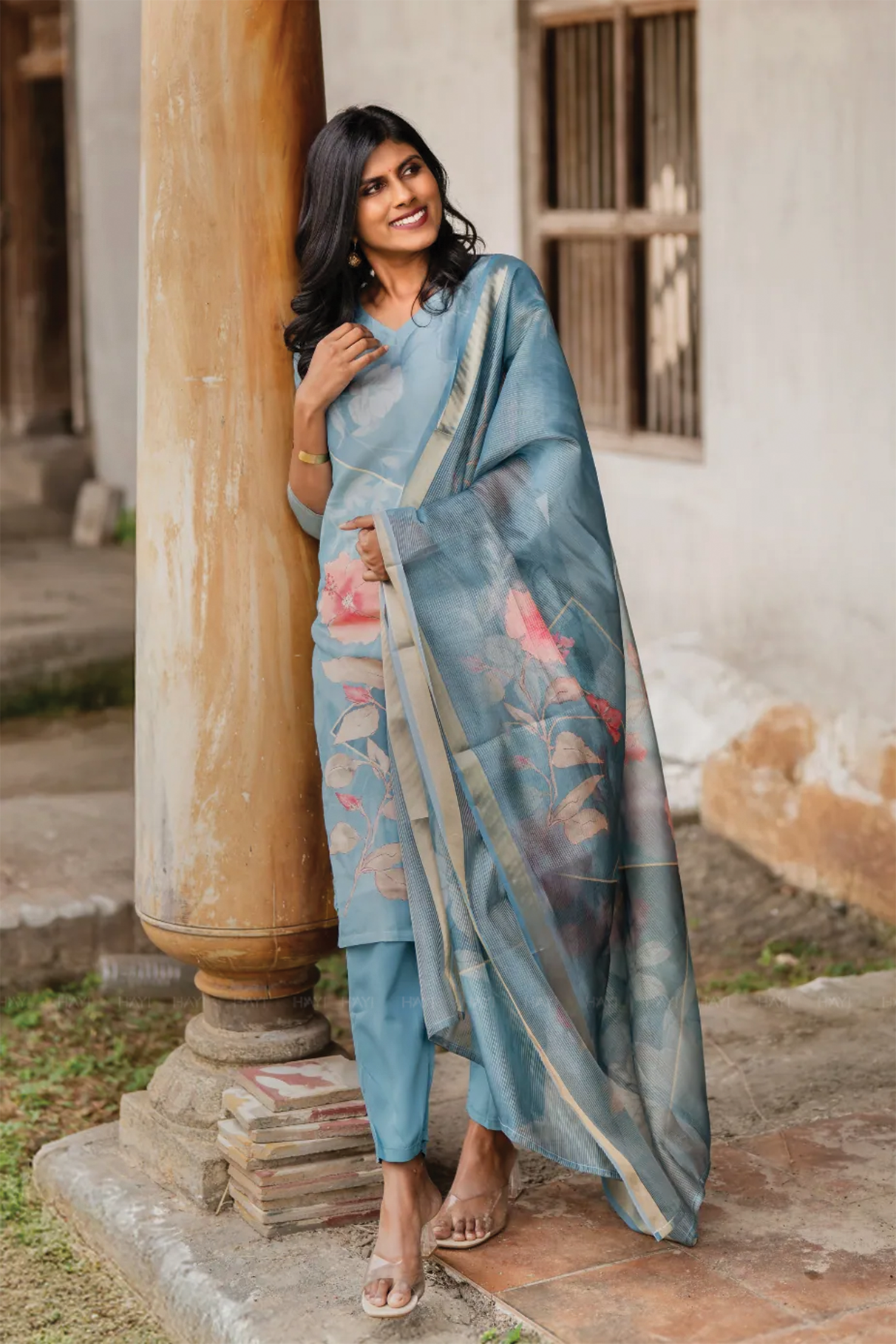 Blush Horizon Blue 3 Piece Shimmer Tissue Blend Floral Placement Print Kurta with Pant & Dupatta