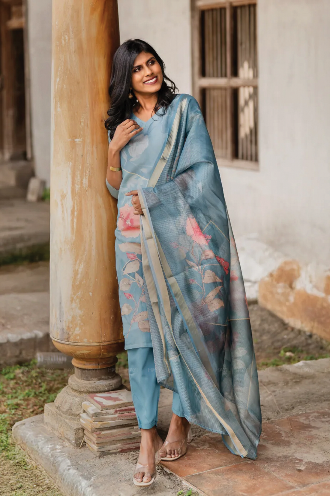 Blush Horizon Blue 3 Piece Shimmer Tissue Blend Floral Placement Print Kurta with Pant & Dupatta