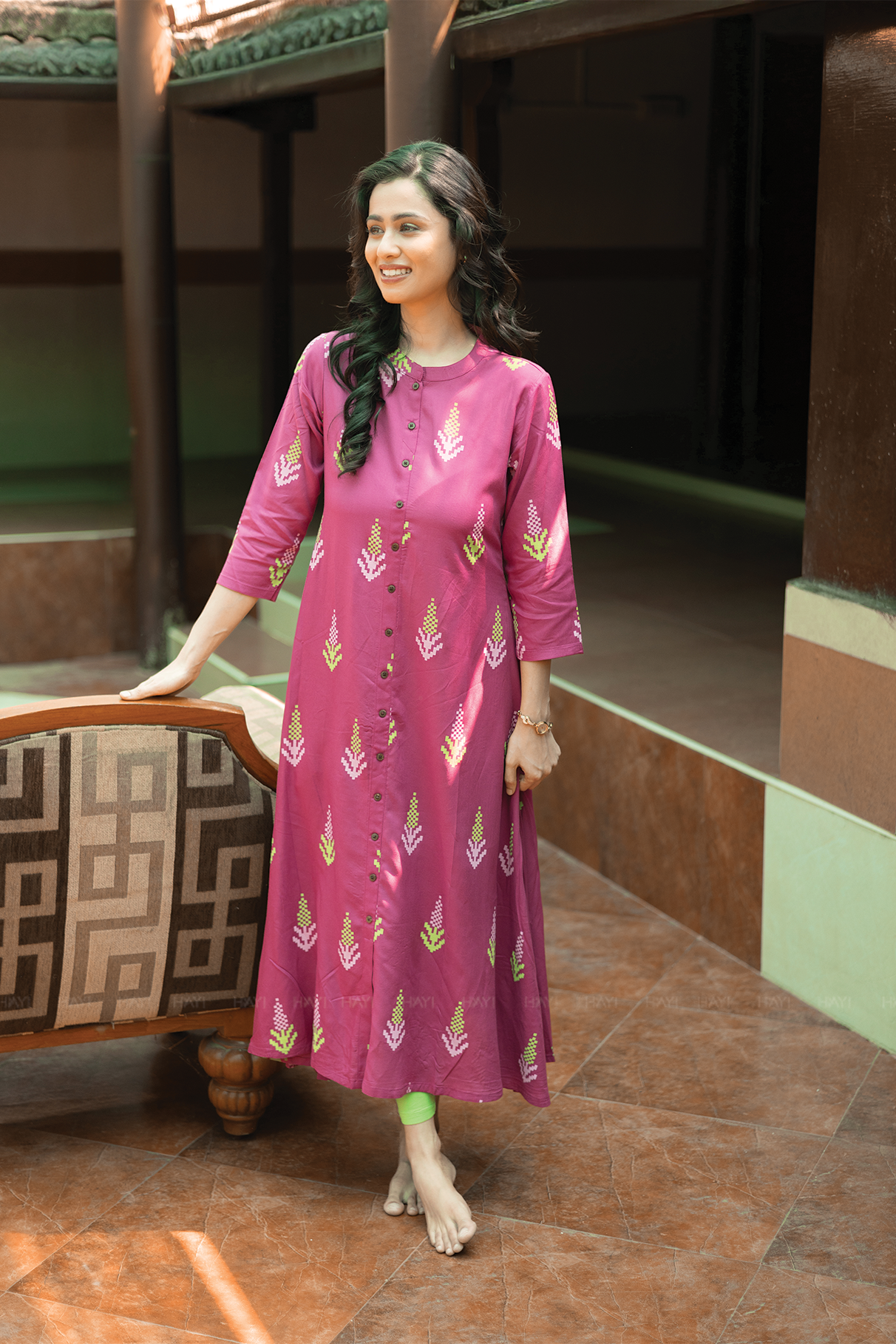 Heritage Glow Violet Viscose A-line Kurta with Chinese Collar neck & 3/4th Sleeves