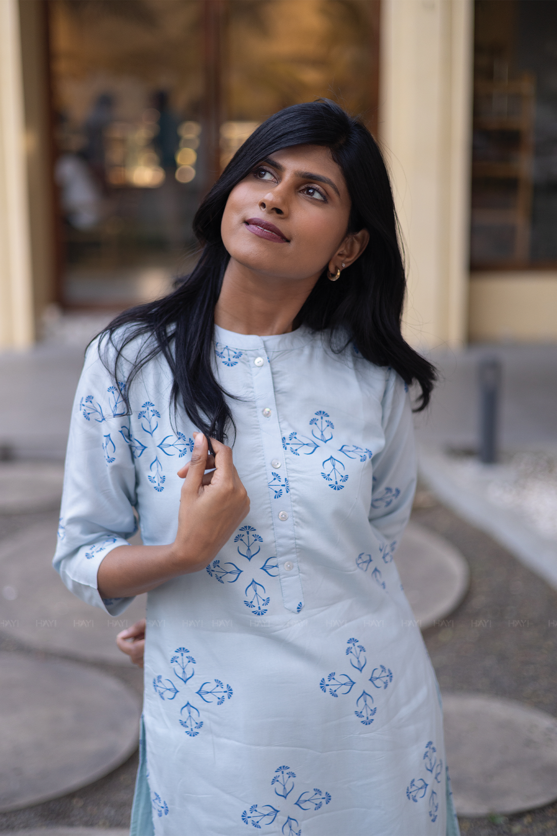 Willow Mist Blue Viscose Co-ord with Chinese Collar & 3/4th sleeves