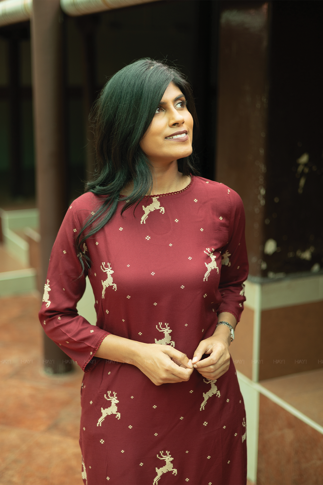 Tulip Cascade Wine Viscose Kurti with Boat Neck & 3/th Sleeves