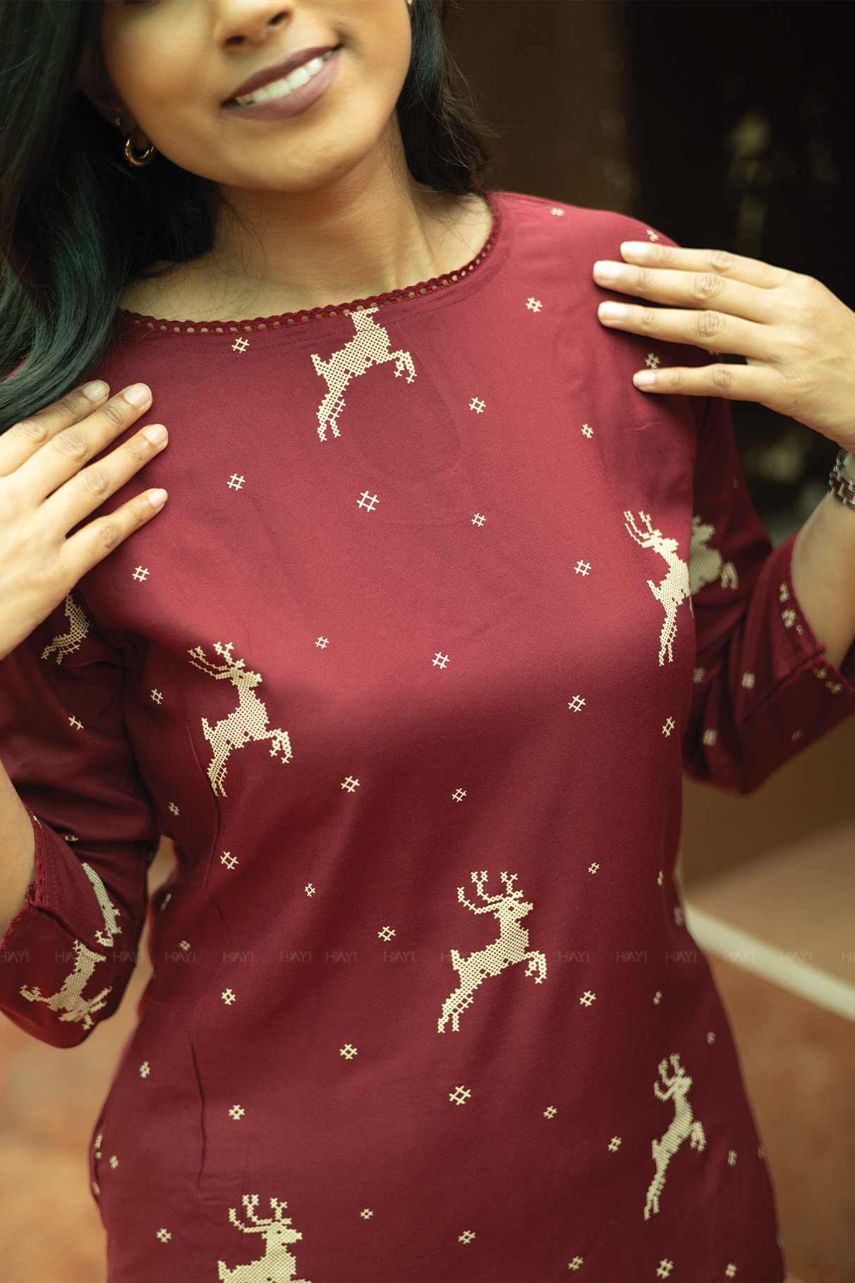 Tulip Cascade Wine Viscose Kurti with Boat Neck & 3/th Sleeves