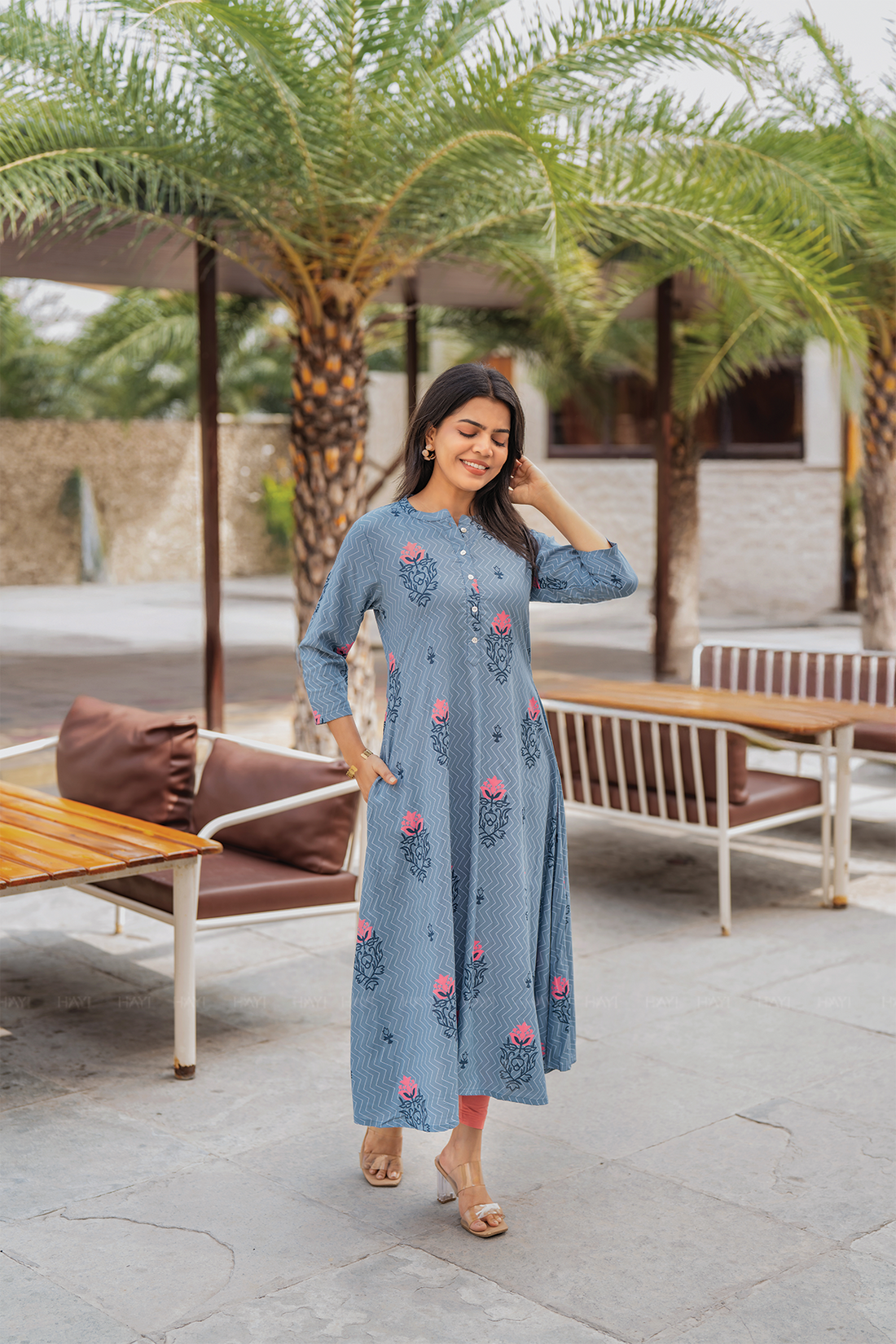Bloomtrace Greyish Blue Viscose A-Line Kurta with Chinese Collar Neck & 3/4th Sleeves