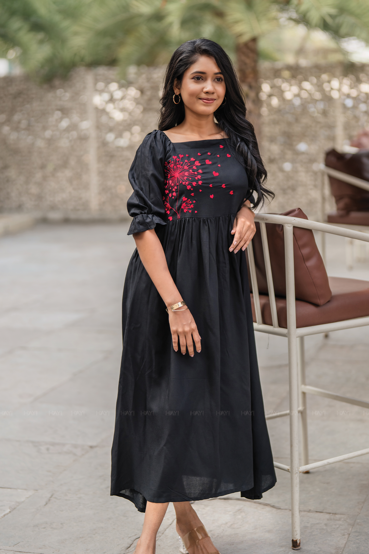 Wounded Rose Black Viscose Embroidered Dress with Square Neck & Elasticated Frill Sleeve Cuffs