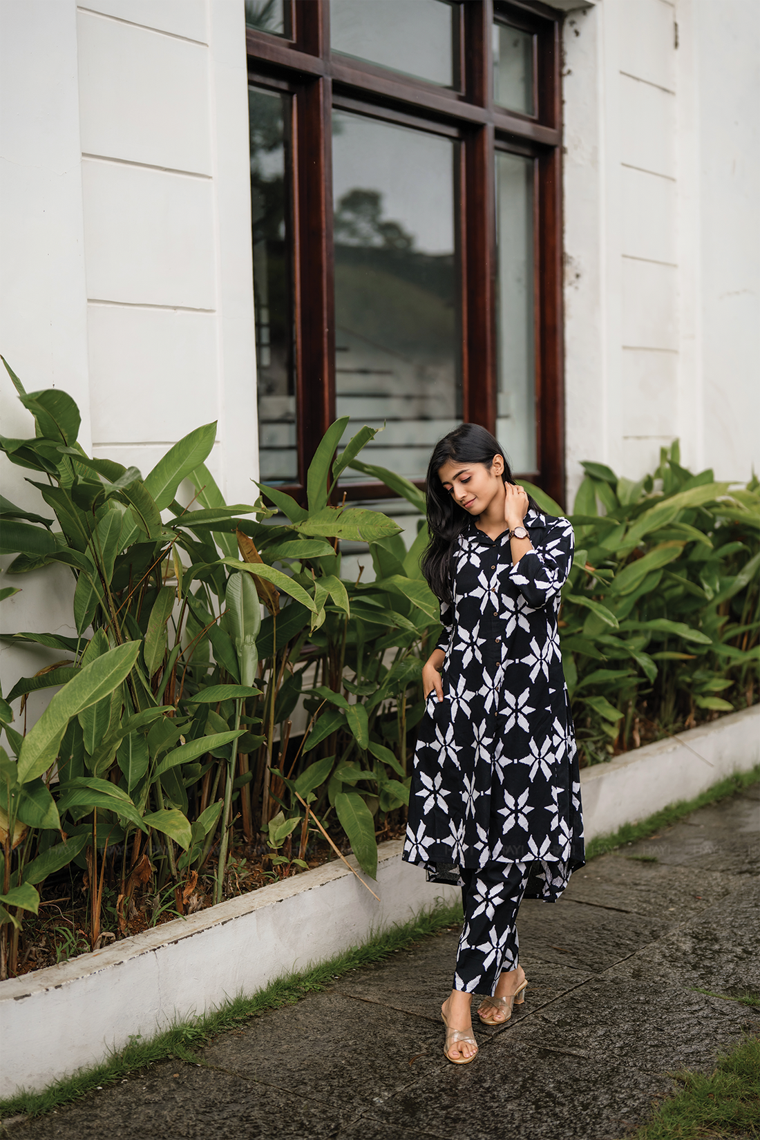 Charcoal Charm Black Cotton Flex Co-ord with Shirt Collar & Elbow sleeves