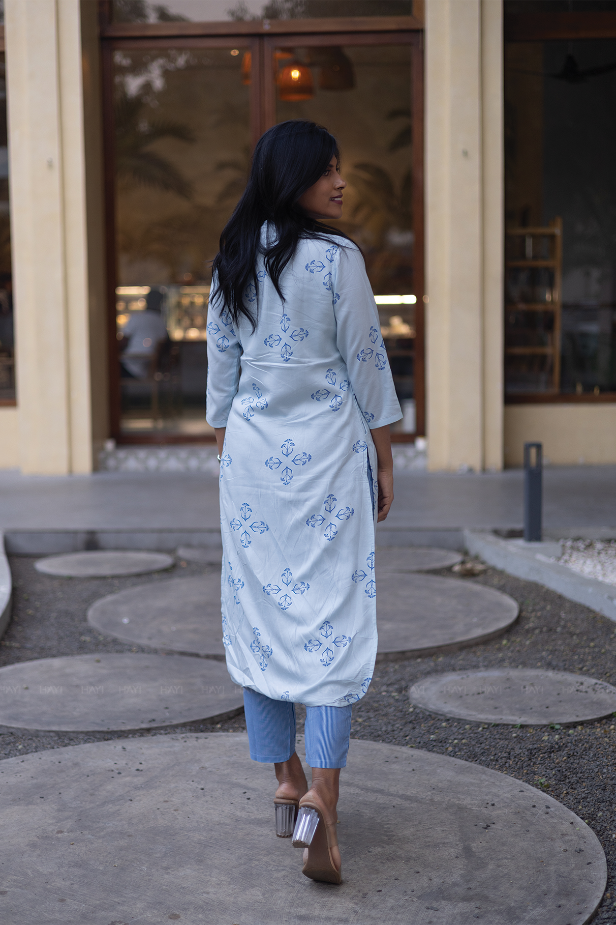 Willow Mist Blue Viscose Co-ord with Chinese Collar & 3/4th sleeves