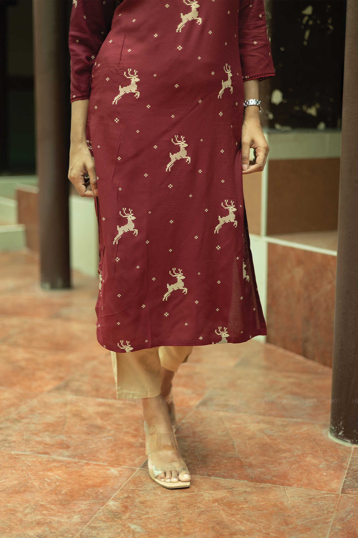 Tulip Cascade Wine Viscose Kurti with Boat Neck & 3/th Sleeves