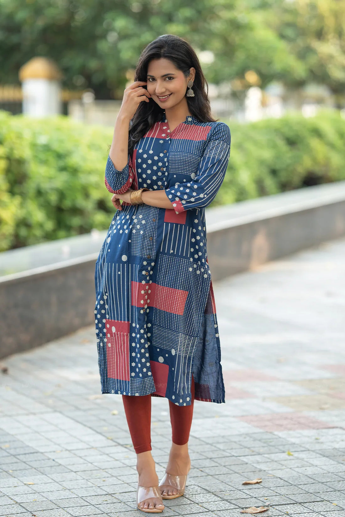 Mystical Navy Blue Viscose Kurta with Chinese Collar & 3/4 Sleeves