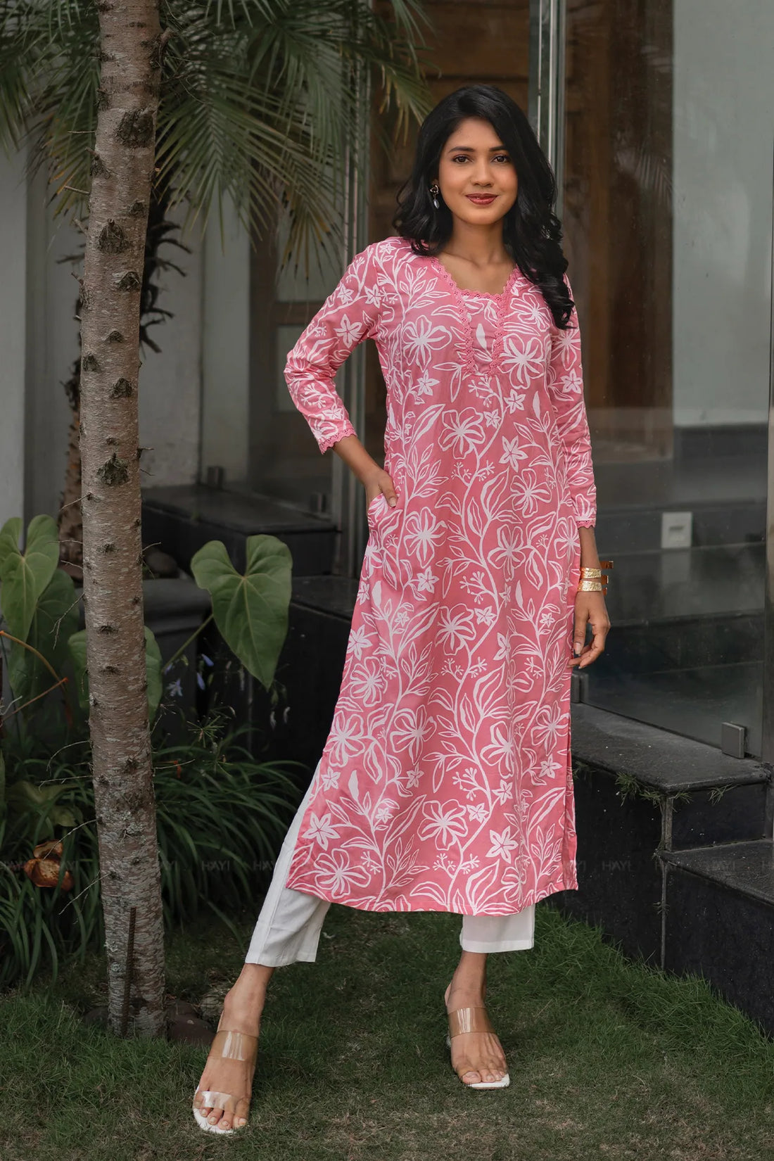 Mireya Roseline Pink Viscose Kurta with V-Neck & 3/4 Sleeves