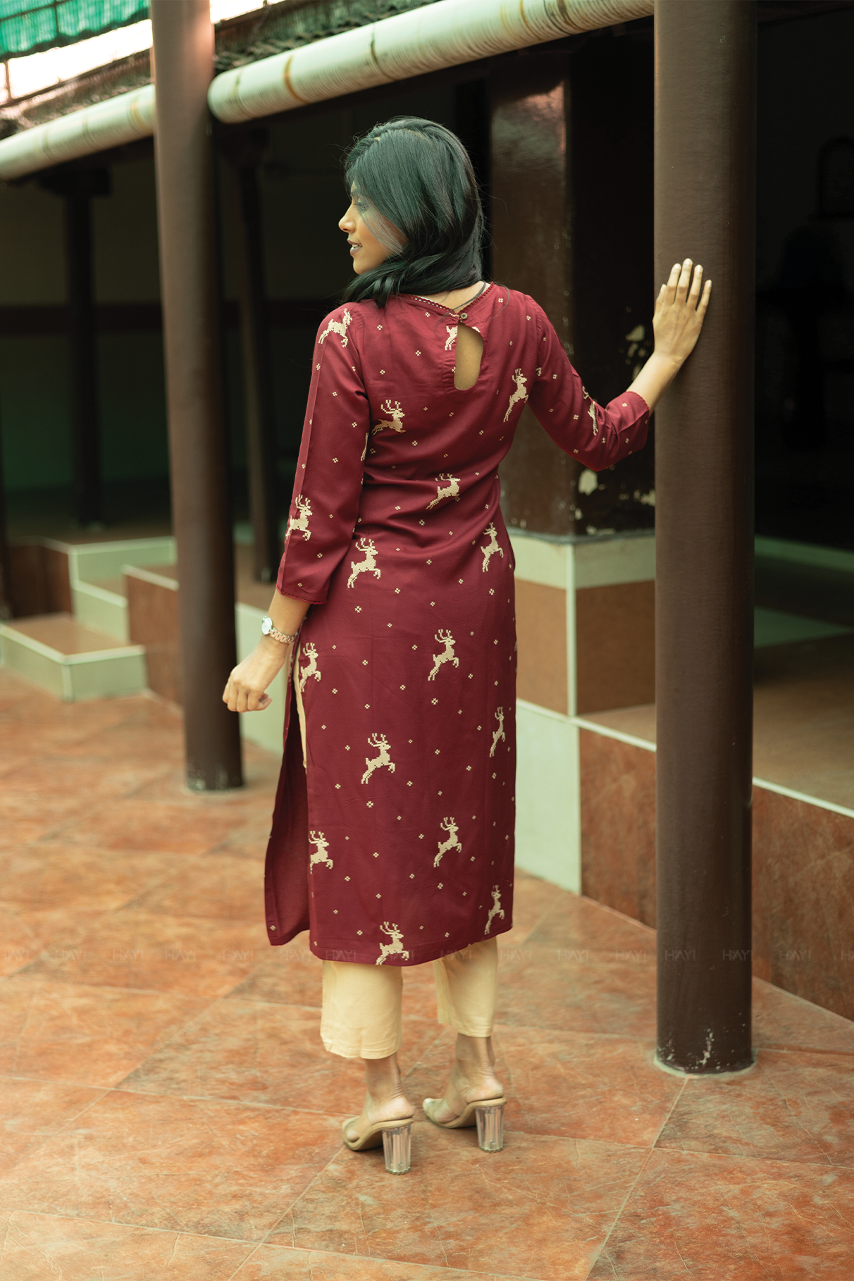 Tulip Cascade Wine Viscose Kurti with Boat Neck & 3/th Sleeves