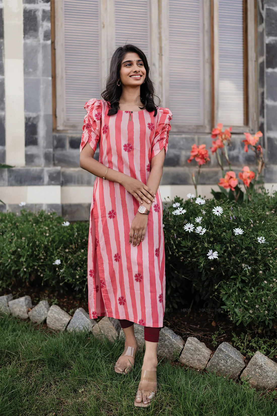 Peachy Stripes Viscose Kurta with Ruched Sleeves