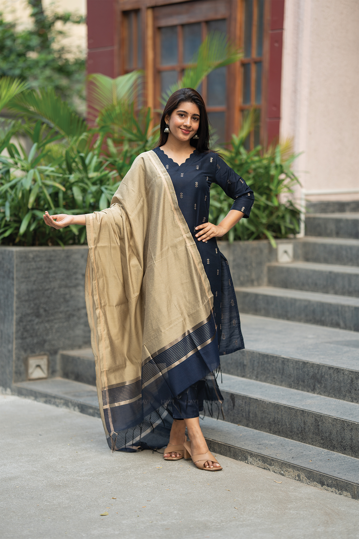 Neelika Navy 3 Piece Viscose Jacquard Weave Kurta with Pant & Dupatta