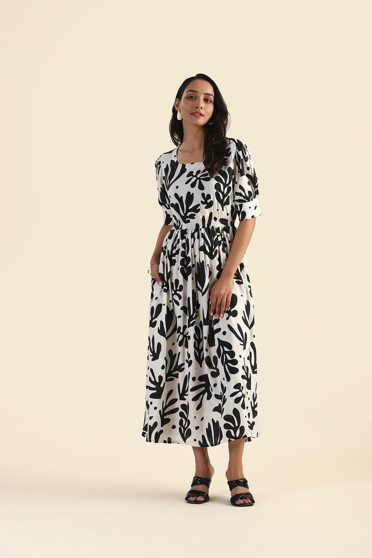 Rustle White Wild Leaves Printed Viscose Dress