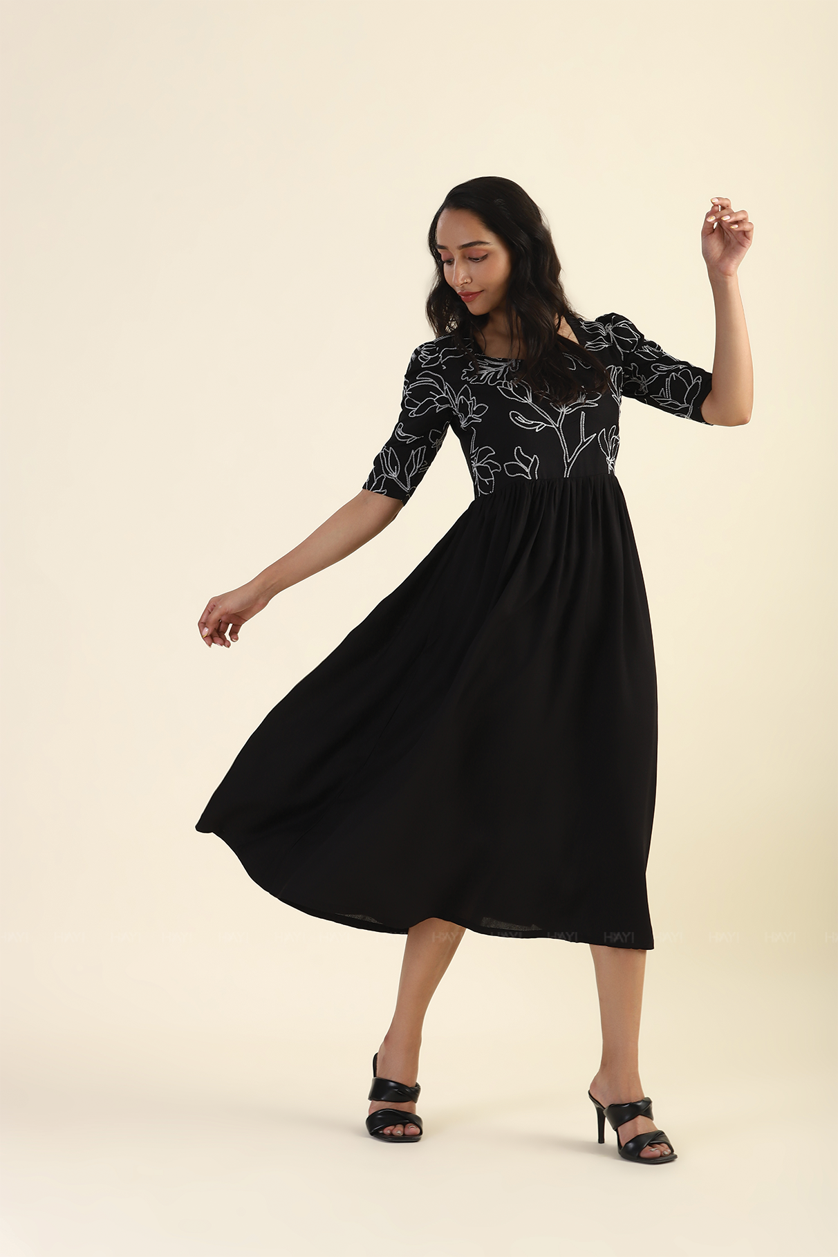Midnight Black Shadowed Garden with Embroidery Viscose Dress