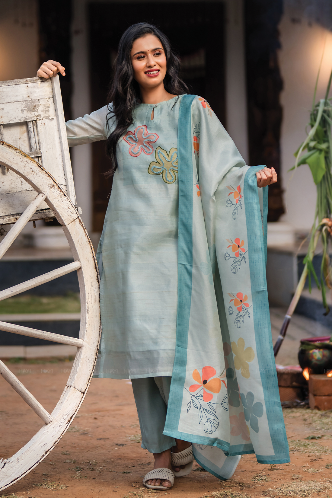 Blueish Blue 3 Piece Tussar Silk Blend Printed Hand-Embroidered Kurta with Pant & Dupatta