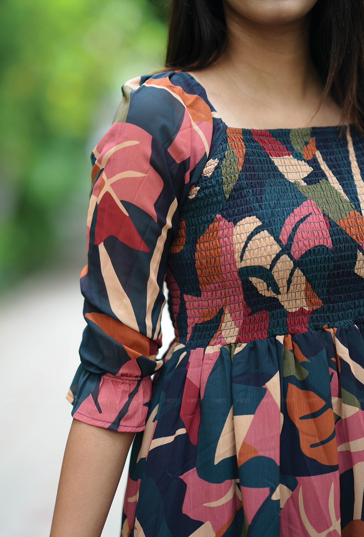 Multicolour With Jungle Serenity Smocked Lux Georgette Dress