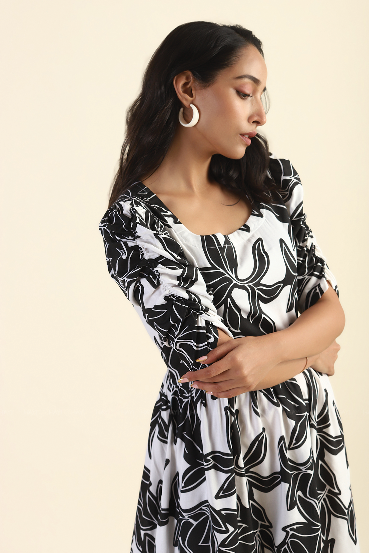 Minimal White Monochrome Muse Printed Viscose Dress