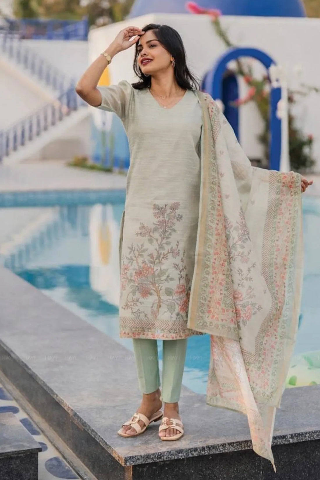 Haryeeka Printed 3 Piece Linen Shimmer Kurta Set with Dupatta