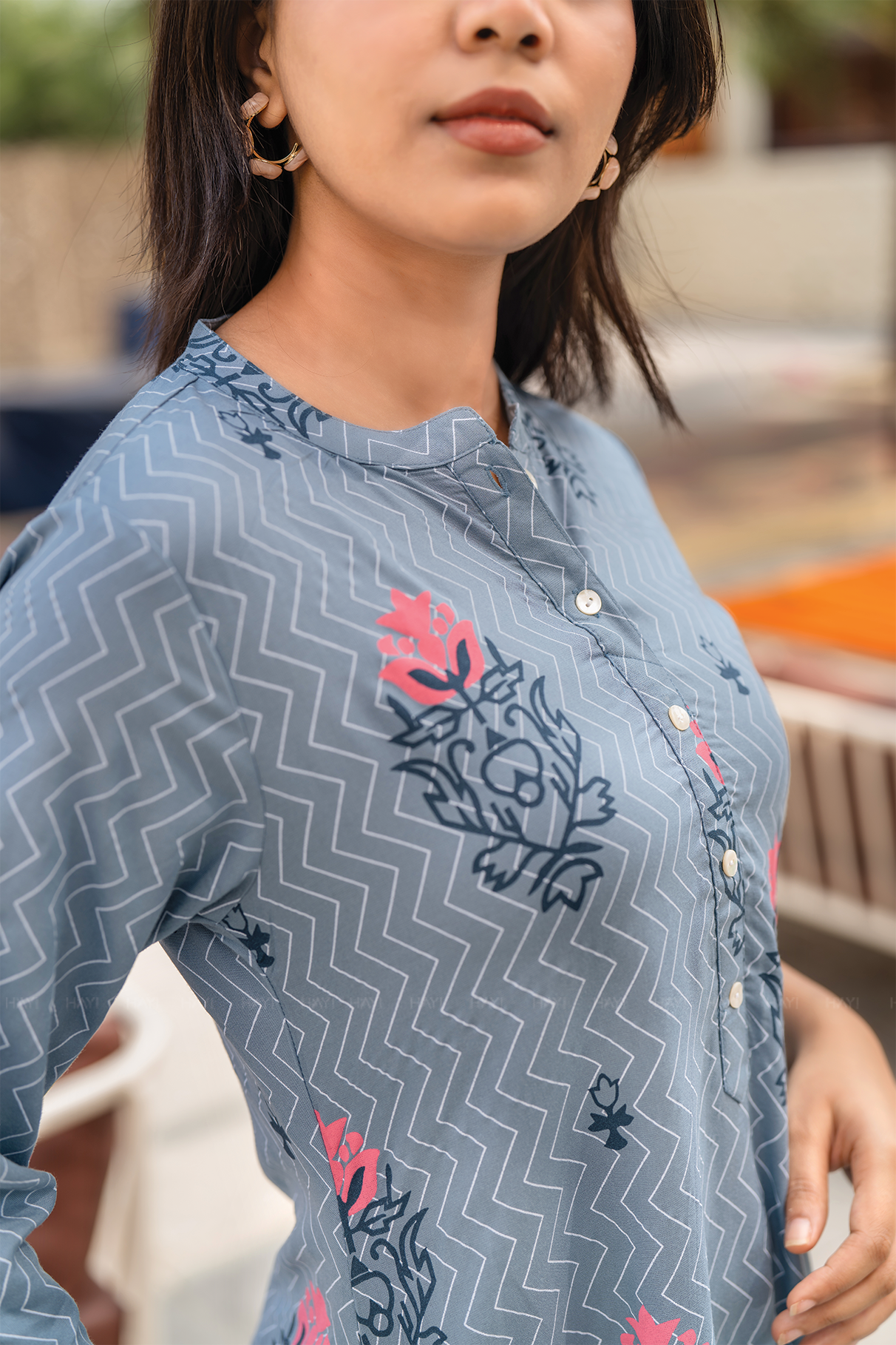 Bloomtrace Greyish Blue Viscose A-Line Kurta with Chinese Collar Neck & 3/4th Sleeves